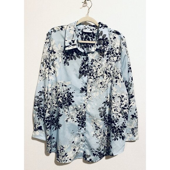 Susan Graver Top Womens 20W Light Blue Floral Button Up Long Sleeve Career Work - Picture 1 of 7